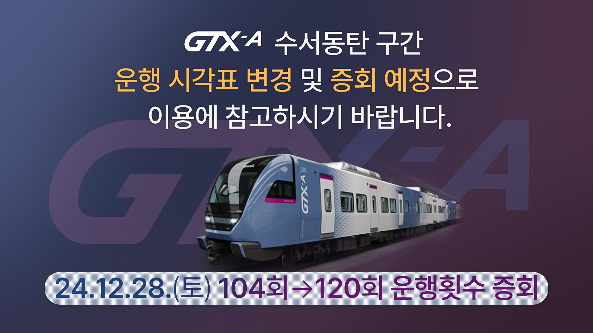 GTX-A 수서동탄 구간이 운행 시각표 및 증회 예정으로 이용에 참고하시기 바랍니다. 2024년 12월 28일부터 운행횟수가 104회에서 120회로 증회합니다.